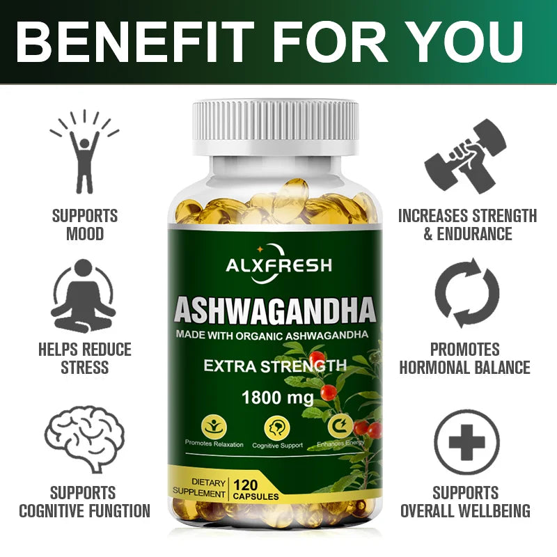 Pure Ashwagandha Root Extract Capsules 1800Mg for Natural Mood, Stress, Focus, Brain, Energy , Sleep Health Support